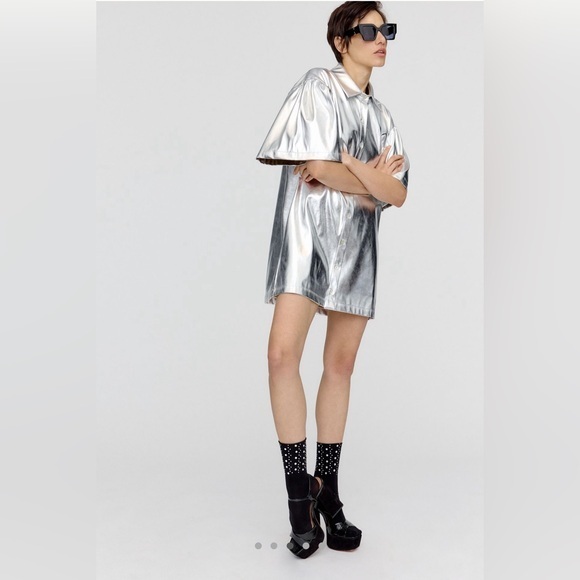 Nwt Anthropologie By Delfi Collective Silver Metallic Shirt Dress Size S